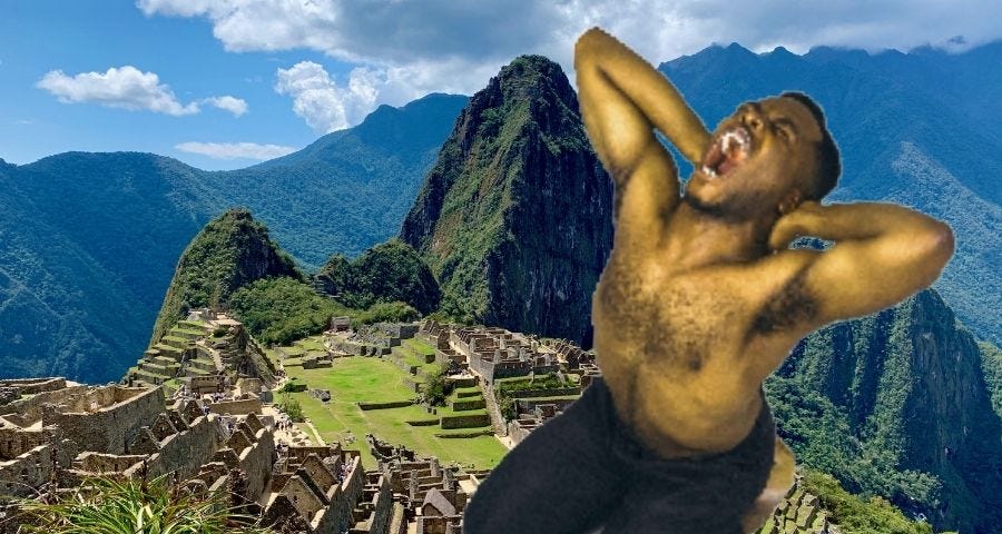 Black man screaming in front of Machu Picchu