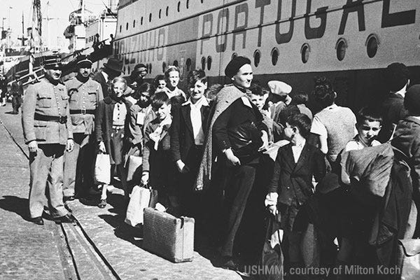 A group of Jewish refugee children wait in the port of Lisbon to board the SS Mouzinho, which took them to the United States in 1941.