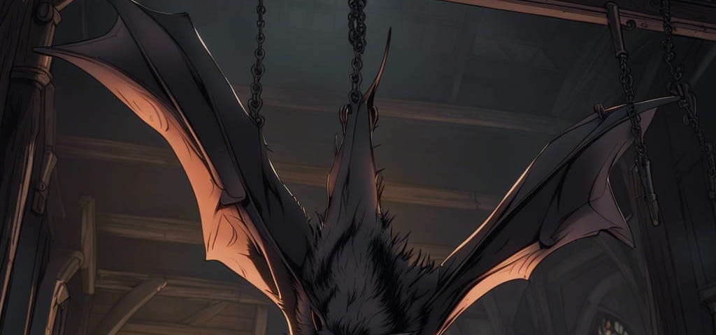 A monstrous bat hangs from the rafters of an abandoned old church, wings spread, staring down at the viewer.