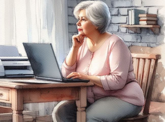 an older slightly plump woman with short white hair sitting at a desk, on the desk is a laptop and a printer, the woman is looking intently at the laptop, thoughtful pose, on the floor surrounding her are a few wads of discarded paper with writing on them, setting is a cozy den, watercolor, soft strokes, impressionist style