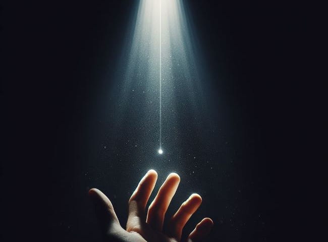 a hand in darkness reaching for a sliver of light descending from above