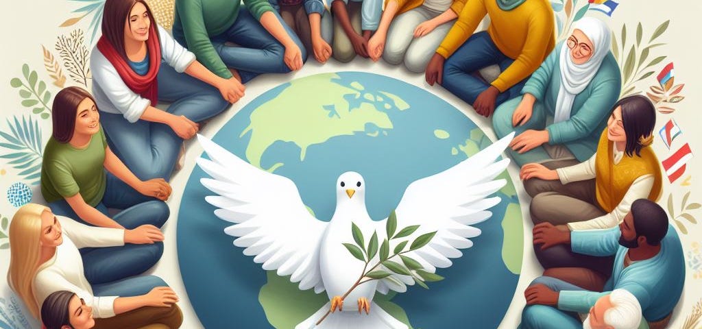 Image of a diverse group of people sitting in a circle, with an image of planet Earth in the centre, with a dove holding an olive branch in the foreground, to illustrate the post