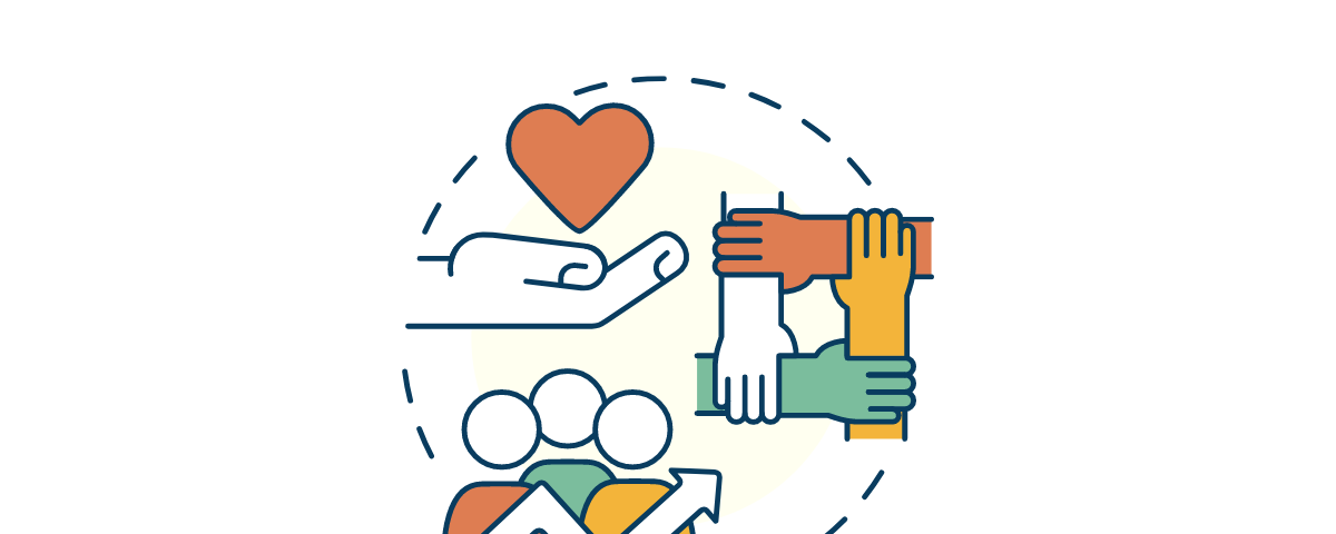 An icon featuring a hand holding a heart, four hands holding wrists to form a square, and three people with an arrow pointing upwards