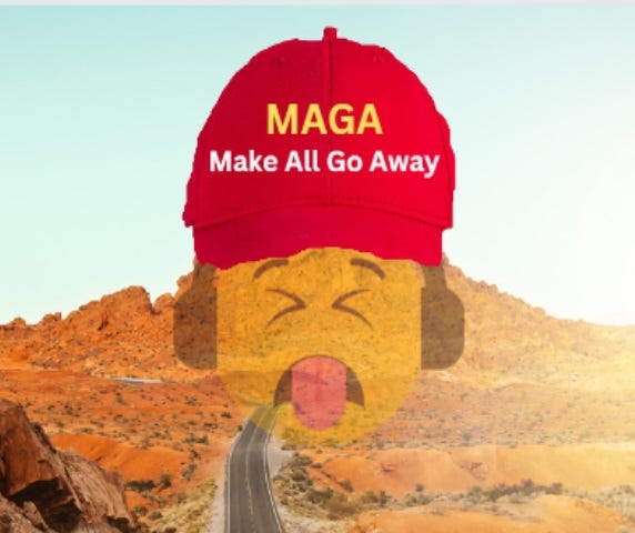 Photo of a Nevada mountain at the end of a desolate road. A disgusted emoji wears a hat that reads, “MAGA — Make All Go Away.”