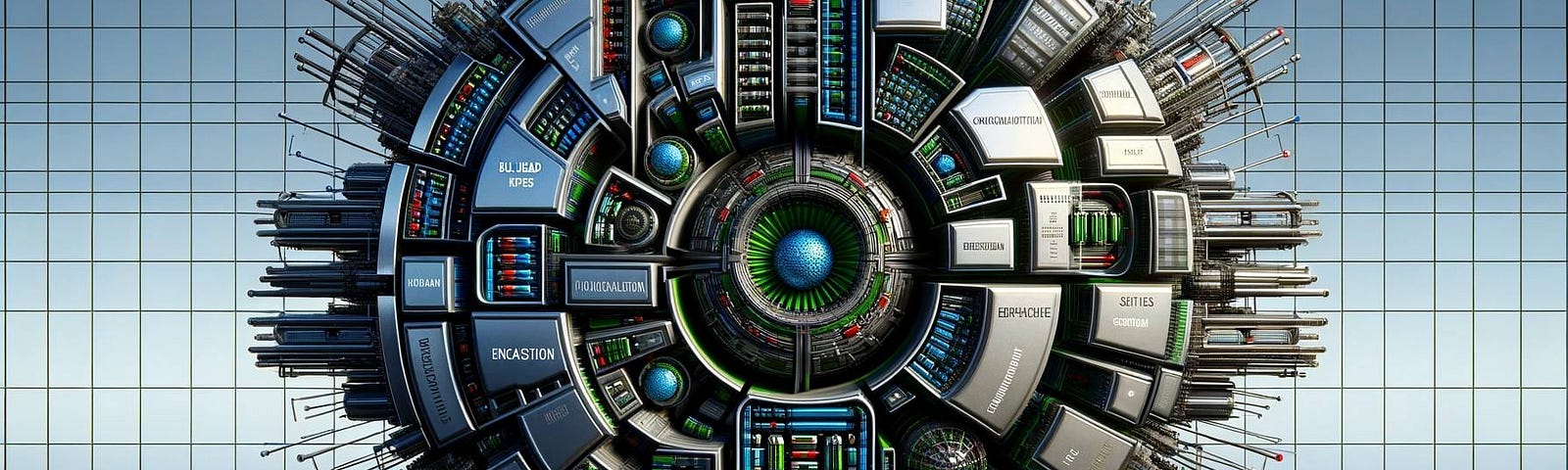 An abstract depiction of the Bulkhead Pattern in system design, showcasing compartmentalized sections within a larger structure. These ‘bulkheads’ symbolize the isolation of system parts to prevent failure spread, each containing its own mini-systems. The design emphasizes strength and resilience, with robust barriers in a mix of industrial colors like steel blue, gray, and vibrant green or red accents, against a high-tech background.