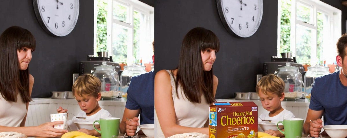 A side-by-side image showing people at a kitchen table. Honey Nut Cheerios have been digitally inserted into the right image.