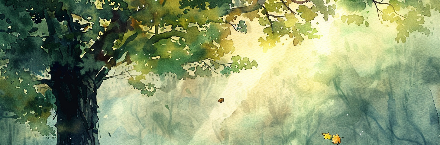 A watercolor of a tree, muted colors, leaf falling to the ground, sunlight shining through leaves.