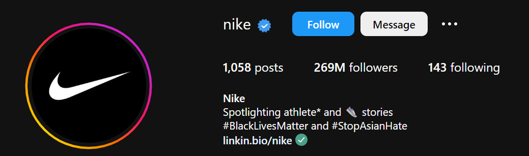 Nike’s Instagram bio taking a stand against hate crime with #BlackLivesMatter and #StopAsianHate