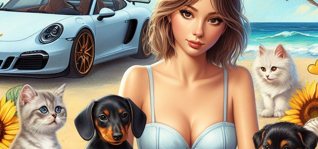sports car puppies and kittens, poker, pretty model, and the beach