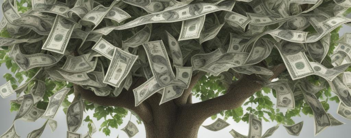 A tree with green dollar bills for leaves. Fallen dollar bills surround it on the ground.