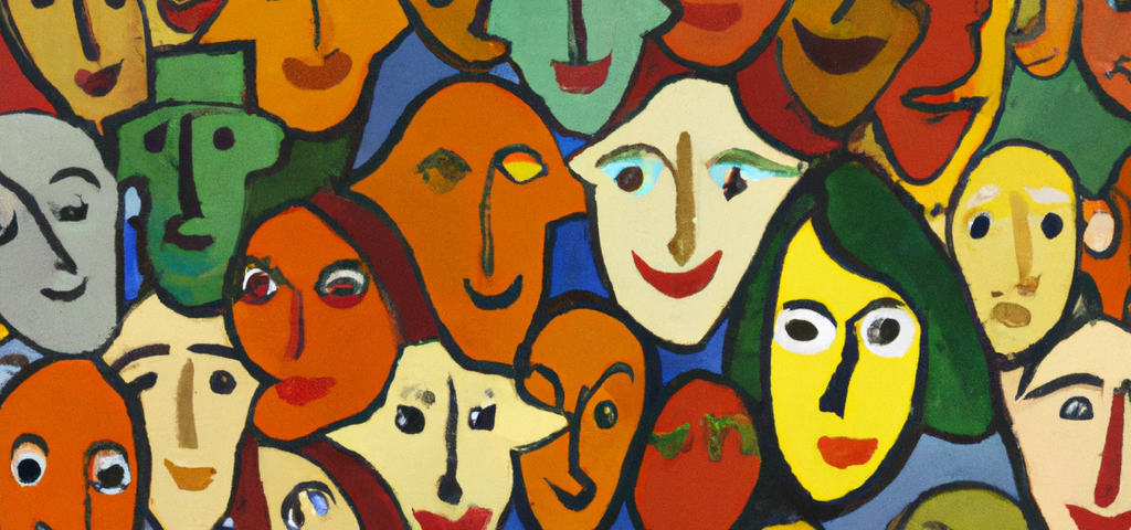 Crowd of diverse happy faces in the style of Matisse