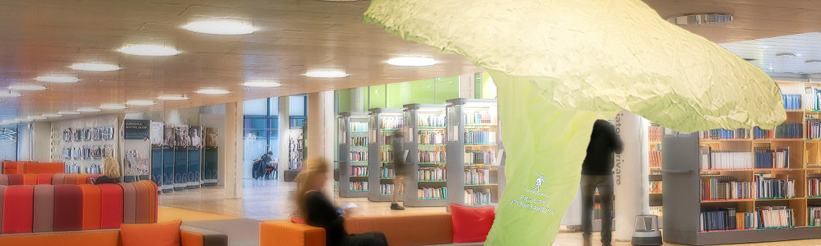 Image of a constructed breathing tree in paper added to an image of the Södertörn University library.