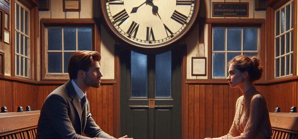 Man and woman in a railway waiting room at night with a big clock on the wall