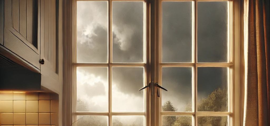 Kitchen with a casement window, soft sunlight streaming in while dark storm clouds gather outside.