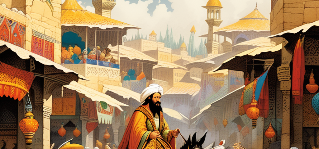 The Mullah Nasruddin riding on a donkey