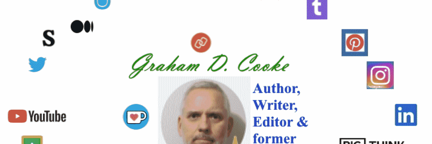 Icons for internet authoring and media platforms, comparable to it could be said “The Internet of Things” Orbiting author’s caucasian face, with well trimmed grey hair and beard, shown center. To the above is the author’s name in script, “Graham D. Cooke,” with his newest nickname underneath, “that broken …” where two emoji icons are shown for a bearded man and another with a magnifying glass. Text to the right of face: Author, Writer, Editor & former EE/CE/PE. Author’s Image Copyright shown.