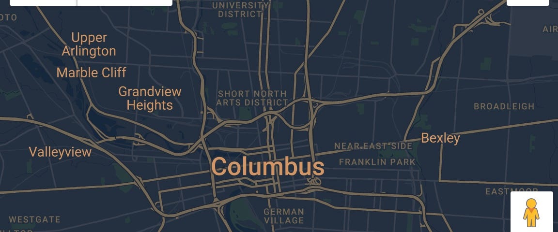 dark mode map view of Columbus