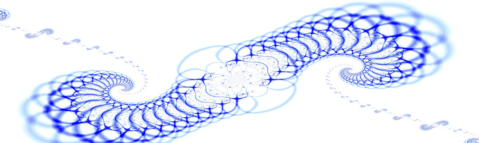 A blue fractal spirals outwards in two directions. Each arm reaches out to a sequence of scaled versions of the spiral.