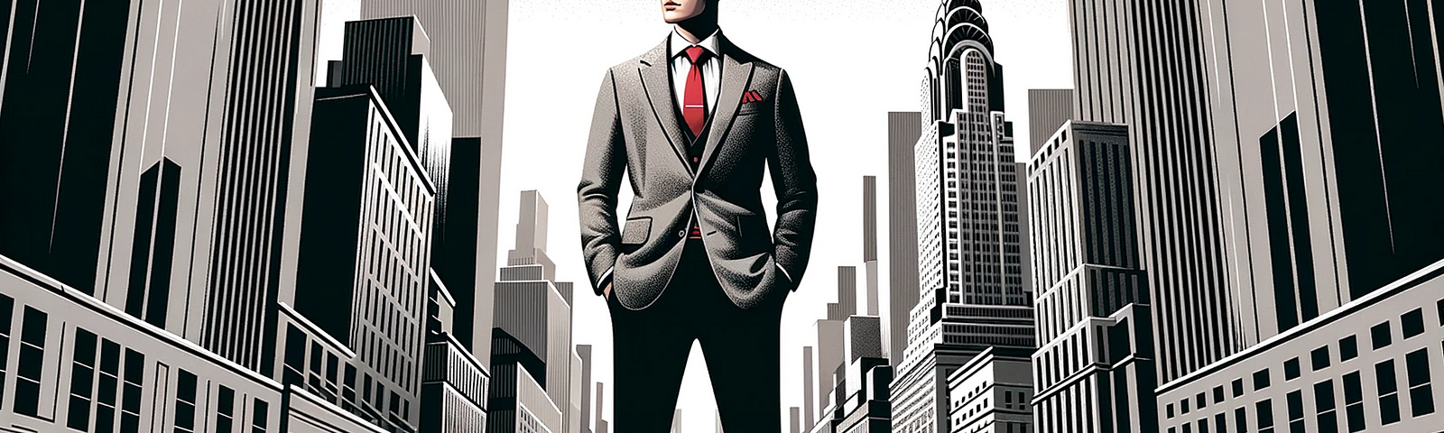An illustration featuring a young entrepreneur in sleek urban wear, confidently standing at a clear distance, facing off against a traditional corporate giant in a digital arena. The color palette emphasizes grays and red tones, adding to the sleekness.