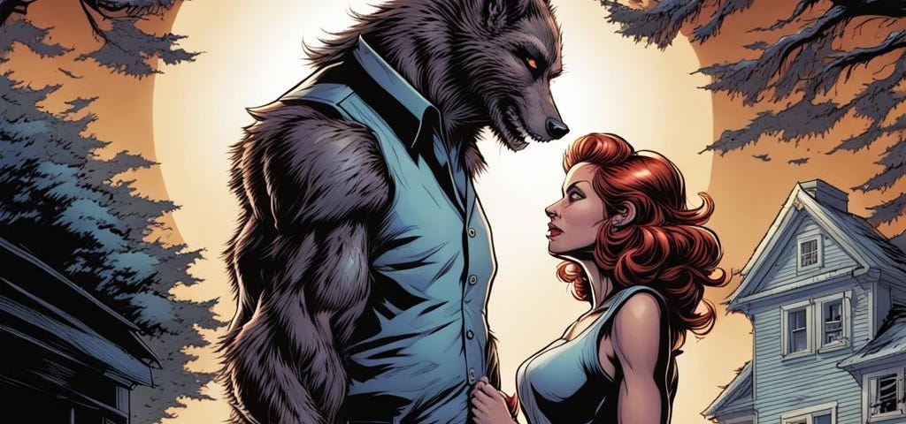 A huge werewolf staring fondly at a gorgeous redhead, beneath the watchful eye of a full moon that threatens to swallow the sky. — NightCafe