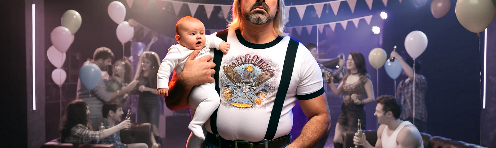 Middle-aged man with a baby at a party.