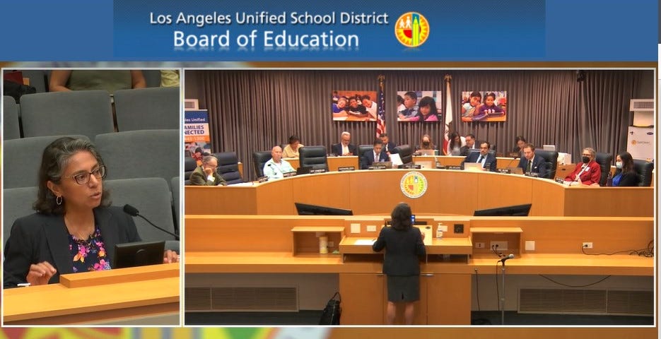 Screenshot of public broadcast video of the Los Angeles Unified School District Board of Education meeting dated September 27, 2022 features the author at the speaker’s podium.