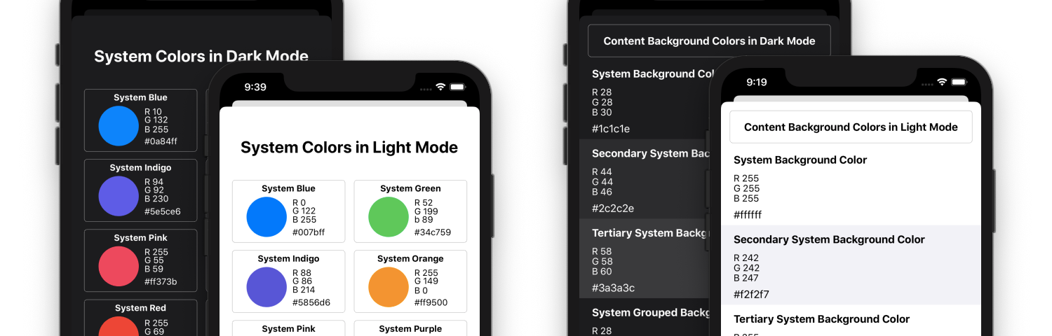 iOS system colors and content background colors in light mode and dark mode