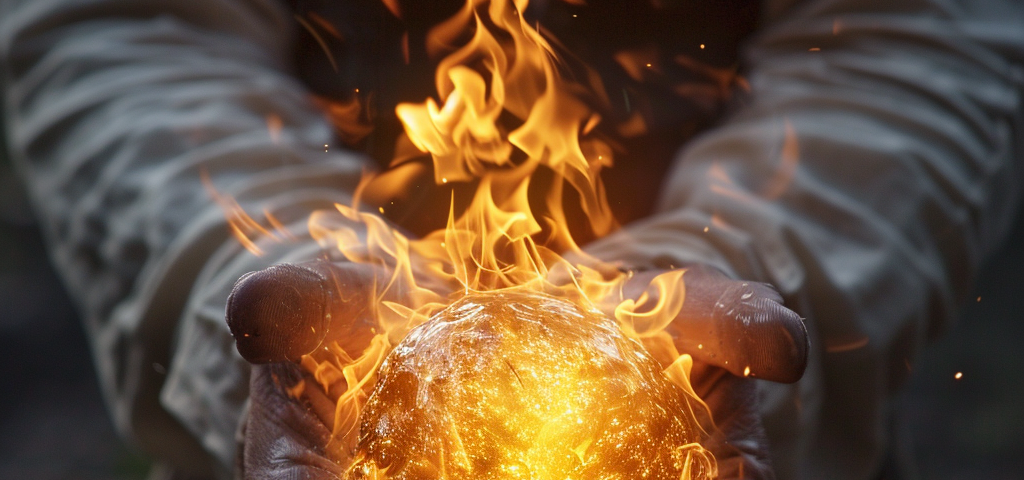 The image depicts a pair of hands holding a glowing, fiery orb. The flames envelop the orb and lick the air around it, suggesting an intense heat, yet the hands seem unharmed, as if performing a magical feat or an illusion. The background is dark, which accentuates the brightness of the fire and the sparkling energy within the orb. This scene evokes a sense of wonder and could symbolize concepts like power, control, magic, or creation. It’s a striking visual that could be used to represent inner