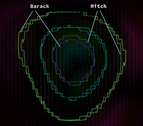 Overlay of Barack and Mitch’s prediction maps. Obama’s is larger but less dense that Mitch’s.