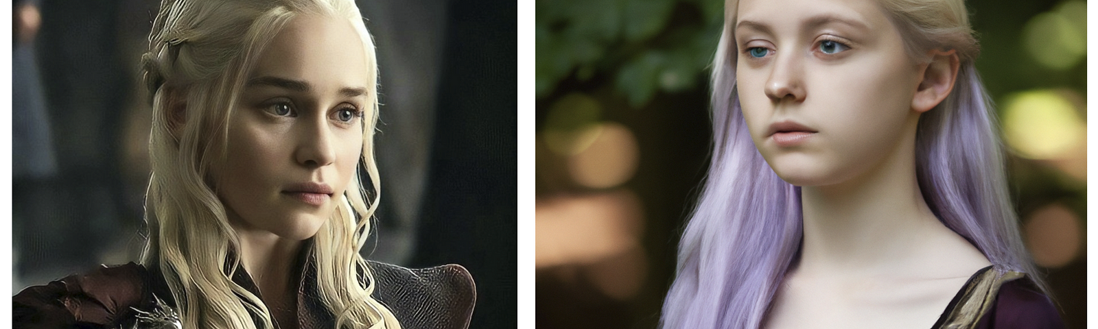 Side by side comparison of Daenerys Targaryan in Movie and AI interpretation