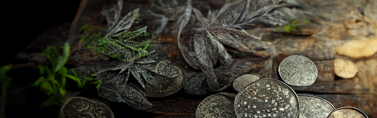 Coins and herbs on a tabletop.