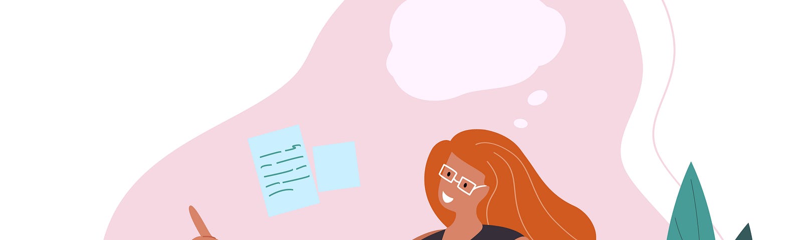 Illustration of woman sitting at a computer with empty thought bubble over her head.