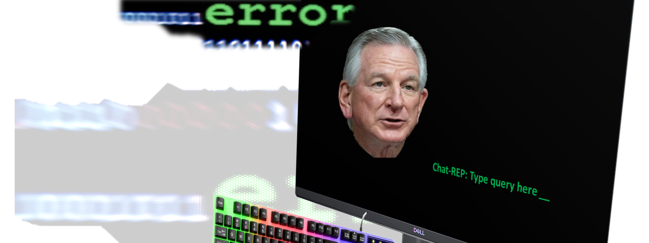 Computer screen with Tommy Tuberville’s head and a command line asking for the user to type a query. Behind the screen are error messages.