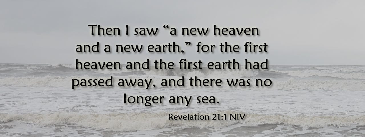 Then I saw “a new heaven and a new earth,” for the first heaven and the first earth had passed away, and there was no longer any sea.