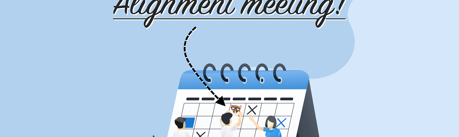 A bunch of people is adding Alignment meeting to a calendar. Instead of a regular cross icon they use Tomster’s face.