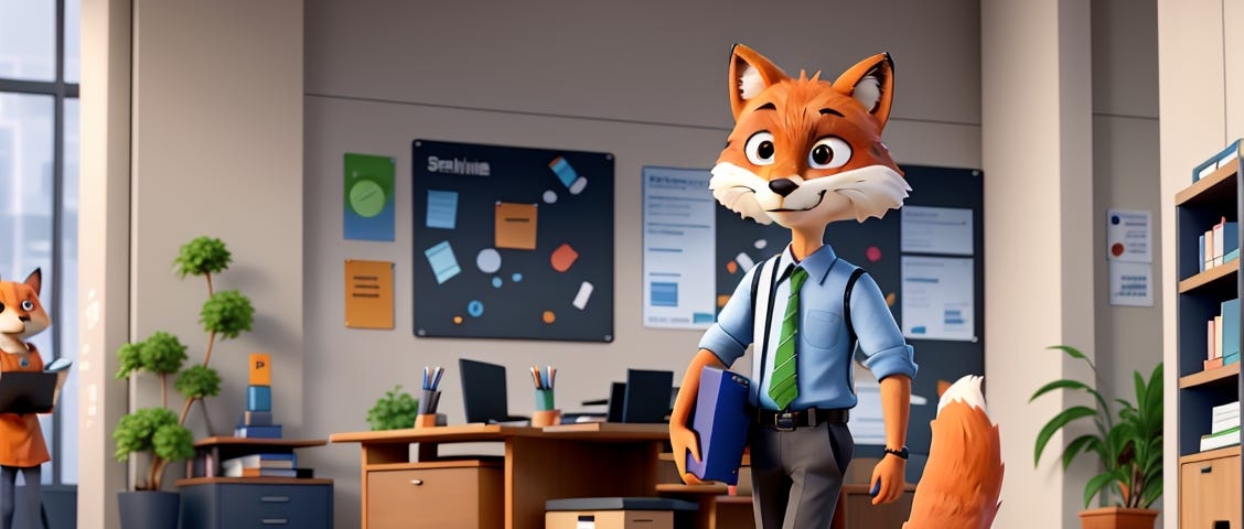 An AI-generated fox in the style of a Pixar 3D animation, walking through an office with a file under his arm and a desk behind him in a corner.