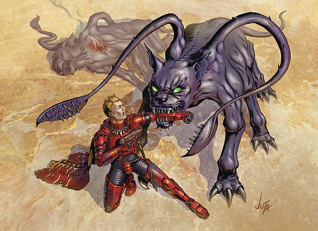 A giant purple panther with 6 legs and two tentacles growing out of it’s shoulders is biting a man’s arm. The man is were red sci fi armor with no helmet and holding a high tech pistol. A second identical creature lays dead in the background with a steaming hole is in its neck. The creatures are called Displacer Beasts.