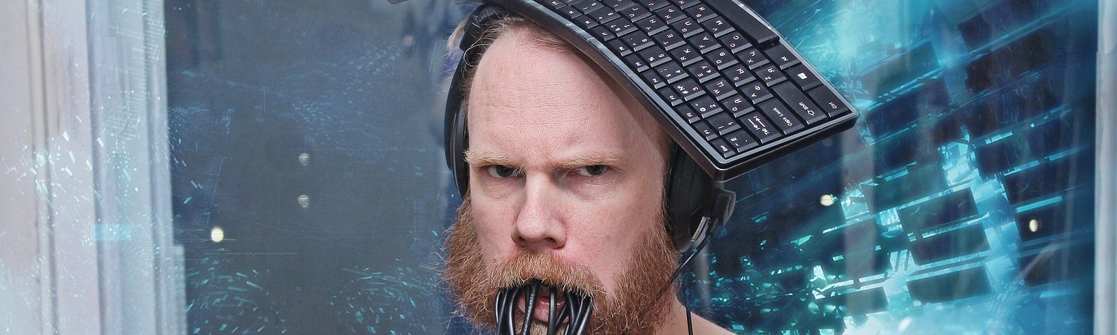 Procrastination: A man keeps places the keyboard over his head while eating wires