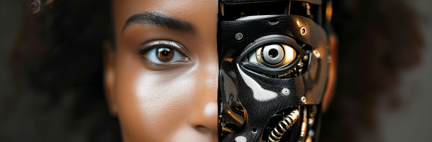 AI image created on MidJourney V6 by henrique centieiro and bee lee, AI is Dangerous to Humanity, But Not in the Way You Think This Is the Dystopian Future That No One Sees Coming, be limitless series on Medium. A woman with half face human, half face robot.