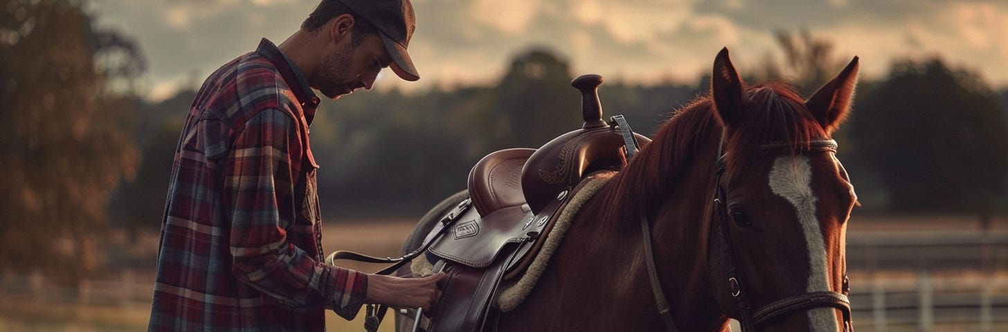 A man contemplating a horse called “adulting” and whether he should get in the saddle