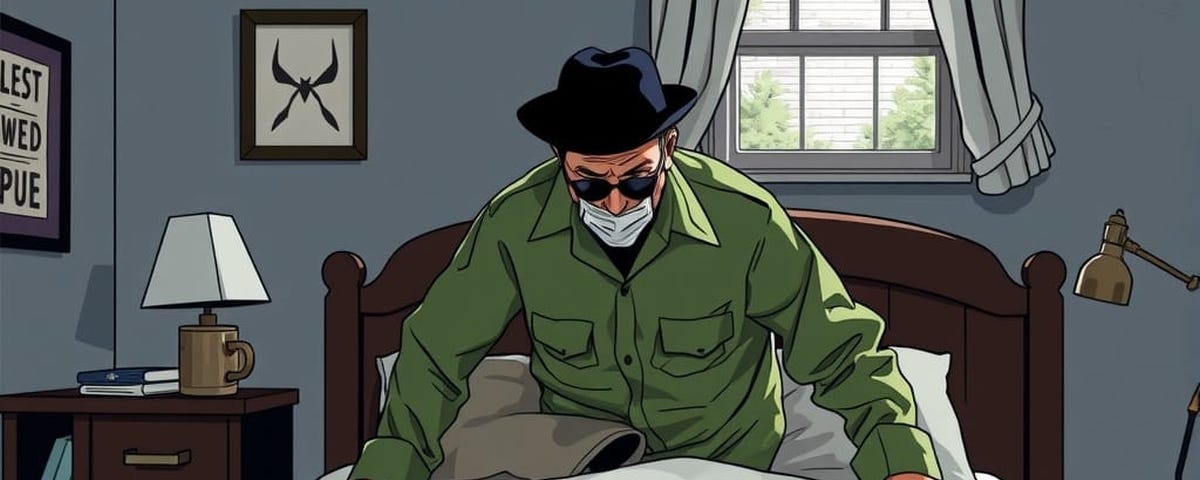 Image shows a bedroom where a man with a green coat, black hat, glasses and a mouth masks seems to stand in the bed and look at a bedbug.