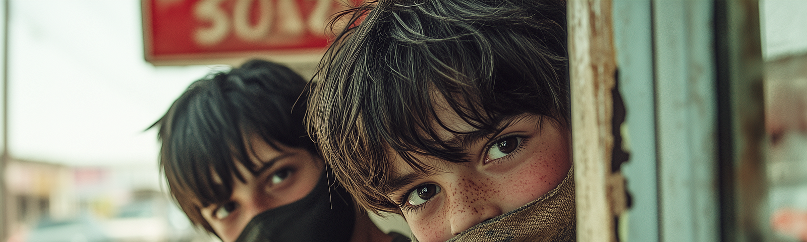 Two young men with masks on their faces peek around a corner