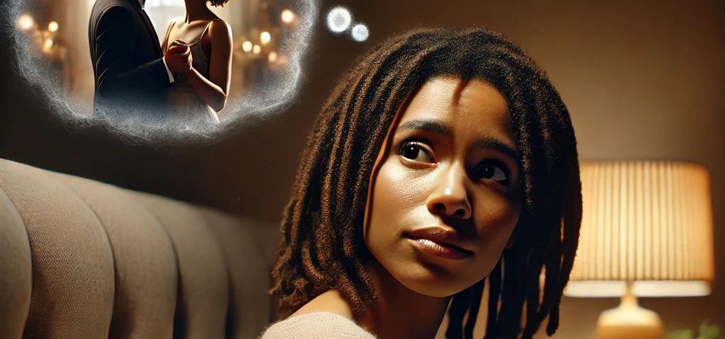 A woman of color with shoulder-length dreadlocks lying in bed at night, looking thoughtful and puzzled as she reflects on a dream. A soft glow from a bedside lamp lights the room, and above her head is a subtle thought bubble showing a romantic scene of her dancing with a man. The background shows a cozy bedroom with neutral tones, a bookshelf, and curtains partially open to reveal the night sky.