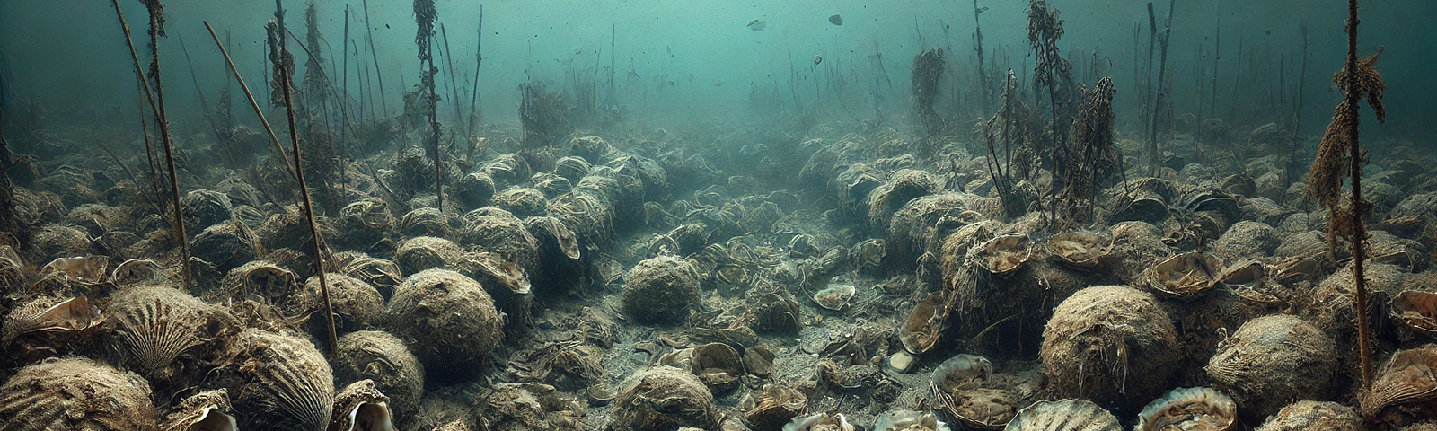 ChatGPT & DALL-E generated panoramic undersea image of a dying bed of oysters due to weak shells