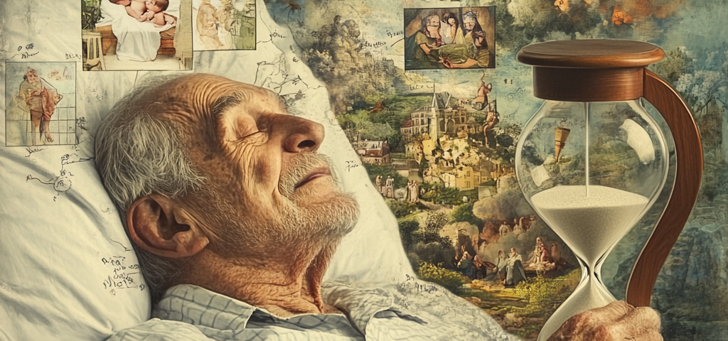 an image of an old man in a hospital bed, surrounded by memories. There’s an hourglass with sand falling