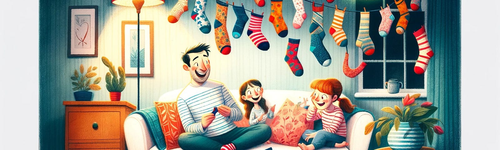 Cozy living room with a family laughing among whimsically scattered socks, depicting the fun in everyday household mysteries.