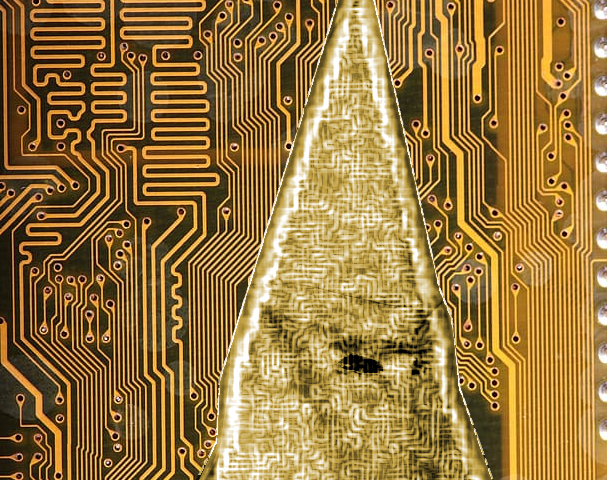 A circuit board with the silhouette of a hooded Klansman, his robes covered in circuit traces.