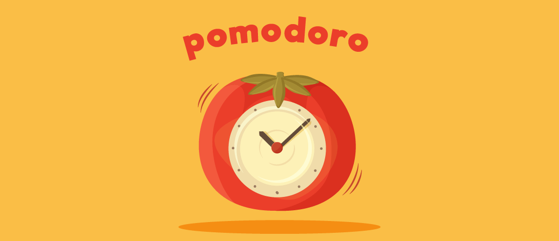 A digital drawing of a tomato with a clock face in the centre. The tomato clock is floating (indicated by a shadow beneath it) and has lines around it that indicate it is shaking. Above the tomato is the words ‘pomodoro’ written in the same red as the tomato. The images has a solid orangey yellow background.