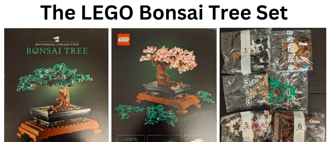 A black title centered on a white background at the top “The LEGO Bonsai Tree Set”. Underneath the title are 3 equidistant vertical pictures of the front of the box, the back of the box, and the included bags displayed on a black surface. The front of the box displays the completed bonsai tree with green foliage while the back shows it with its included alternative cherry blossom foliage and the green pieces scattered around along with smaller inset pictures showing dimensions and variations.