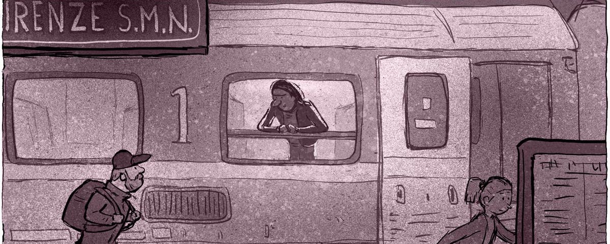 Cartoon-like illustration of a train stopped at Santa Maria Novella station. A man leans on a window looking out at a man with a backpack walking past.